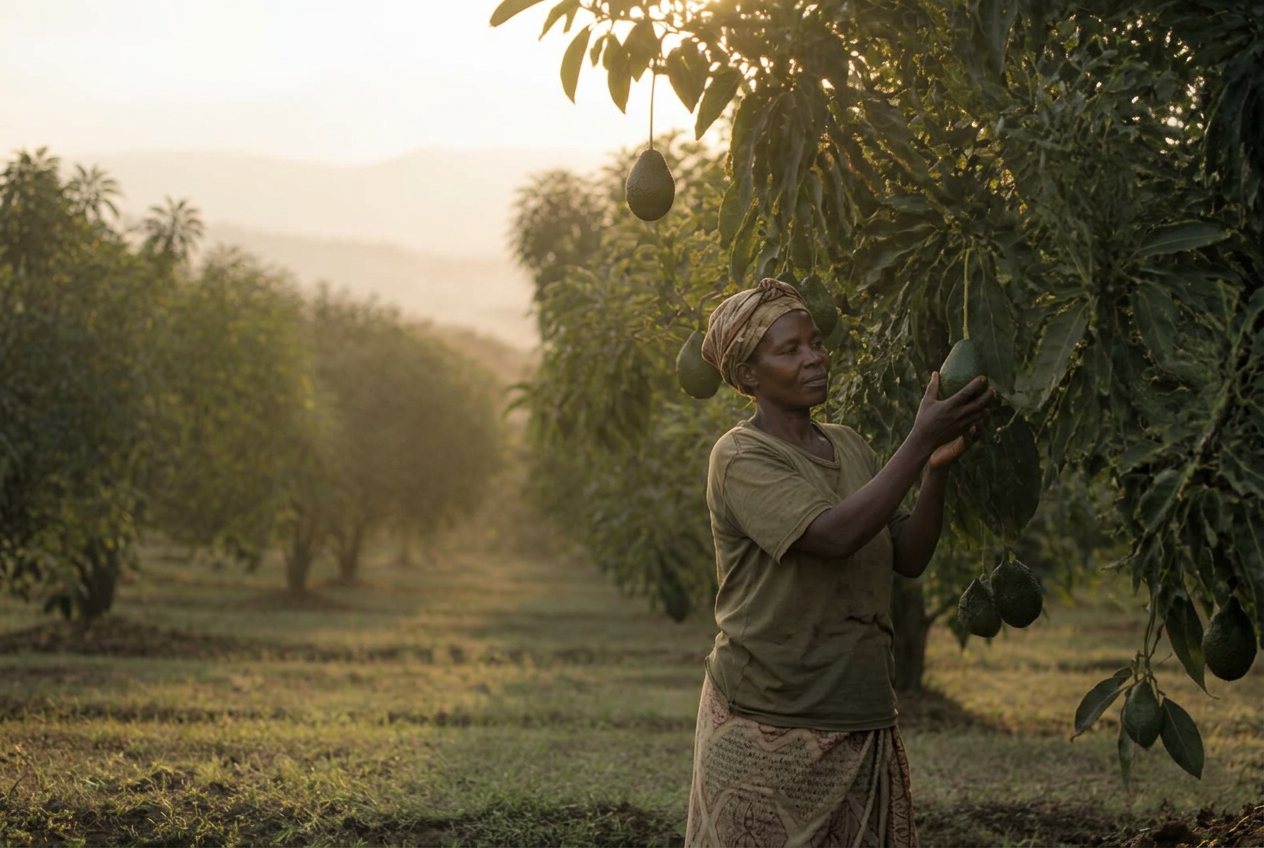 Avocado orchard in East Africa at golden hour